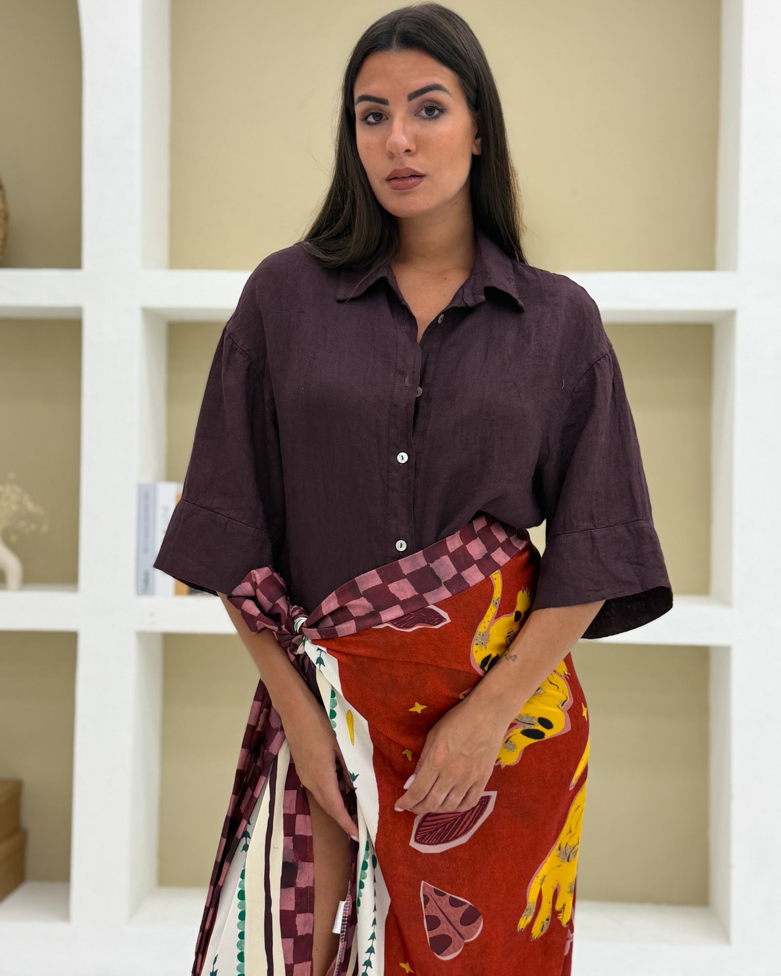 Camicia Lino Nodo Bordeaux