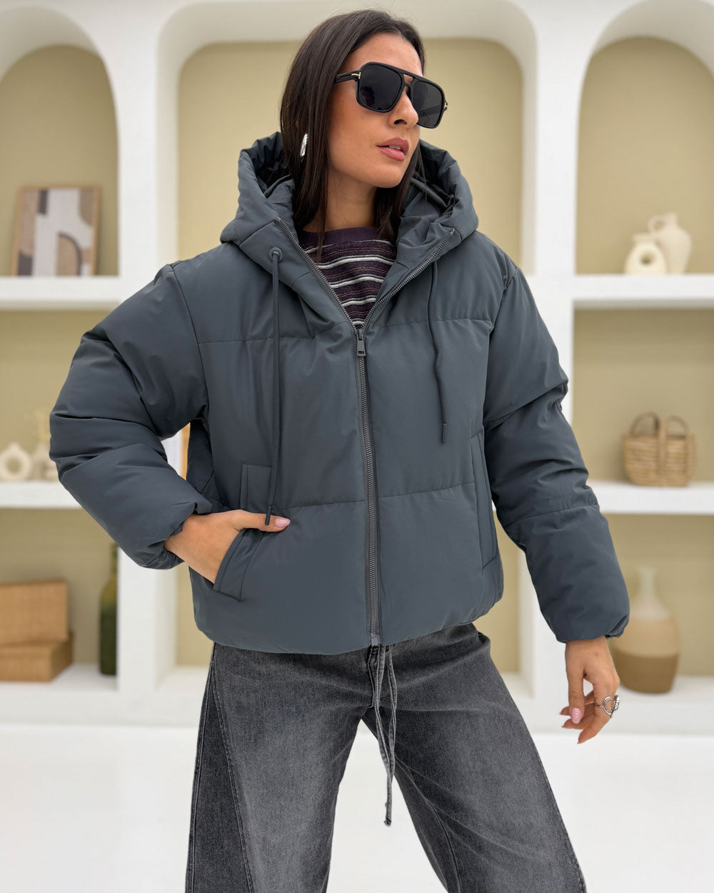 Bomber cappuccio imbottito Grigio