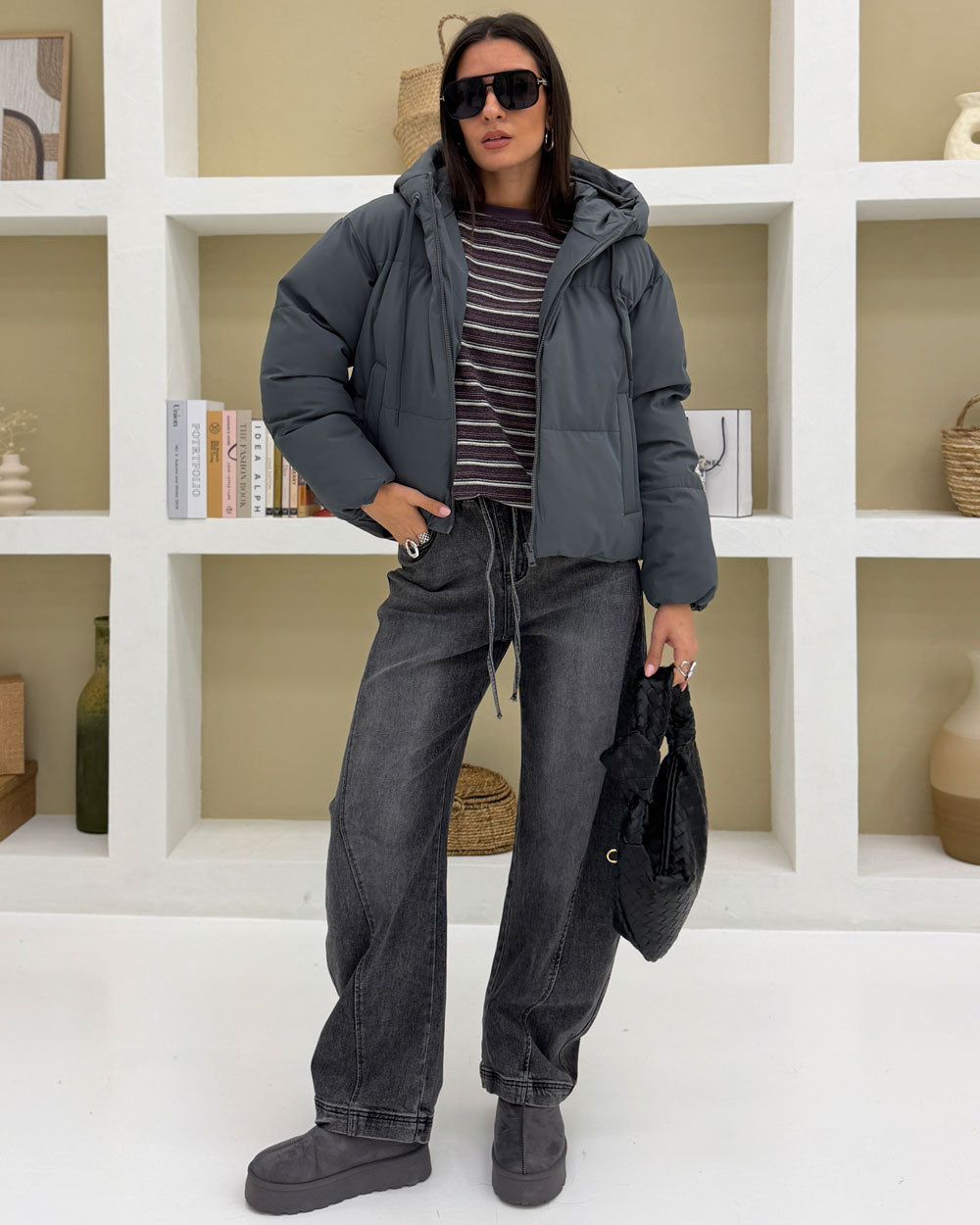 Bomber cappuccio imbottito Grigio