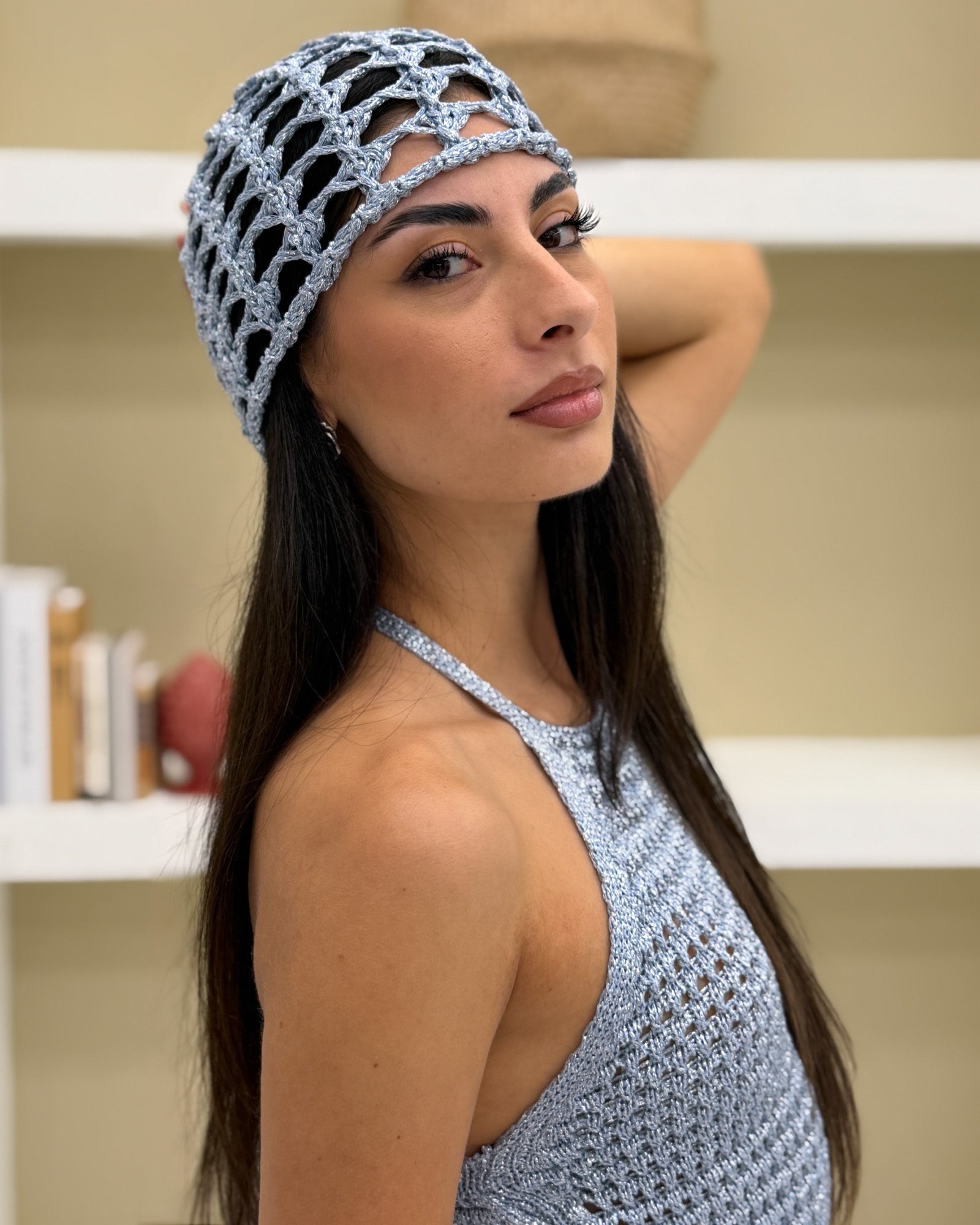 Berretto Casquette Crochet Indi Lurex Celeste