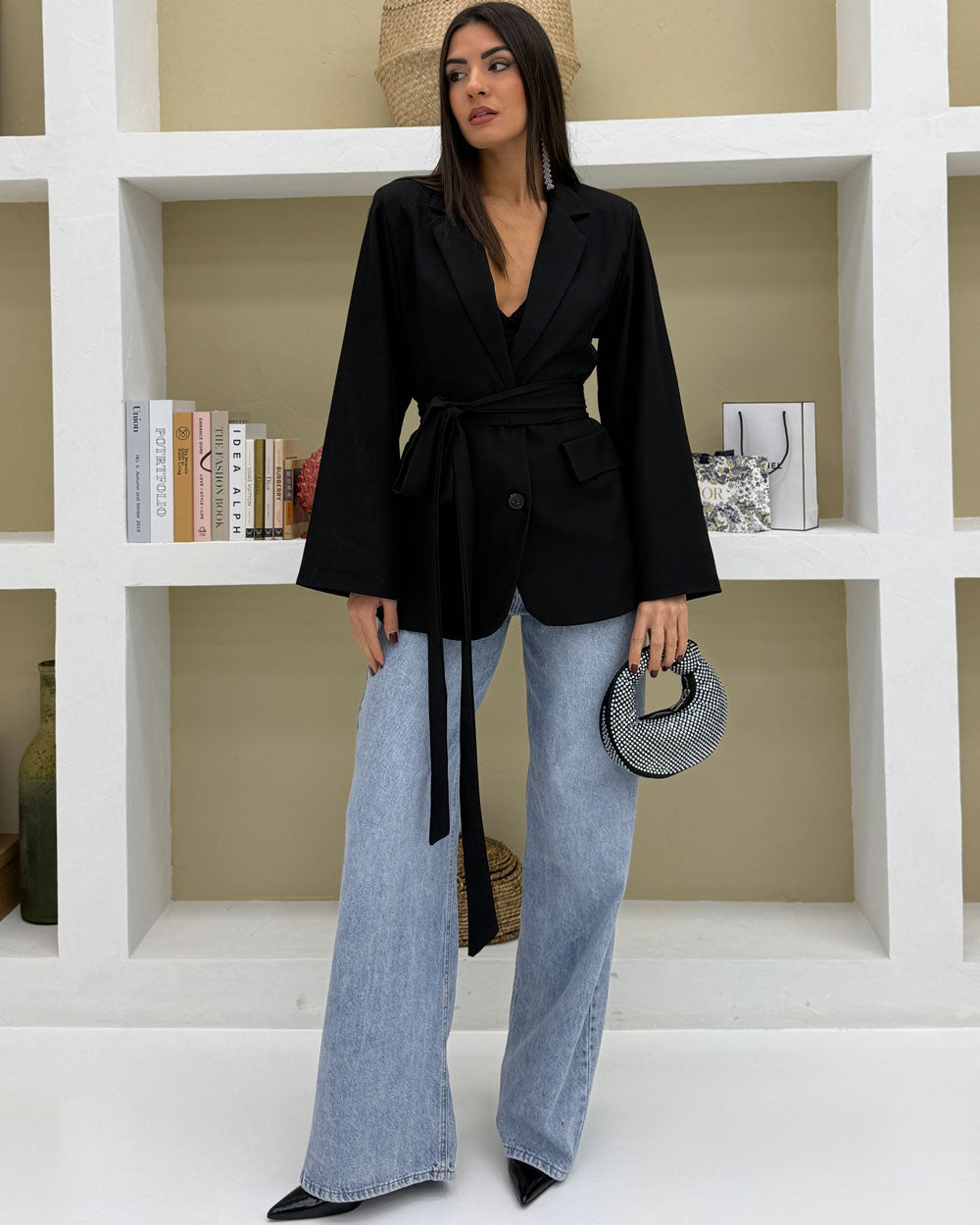 Blazer manica over con cintura Nero