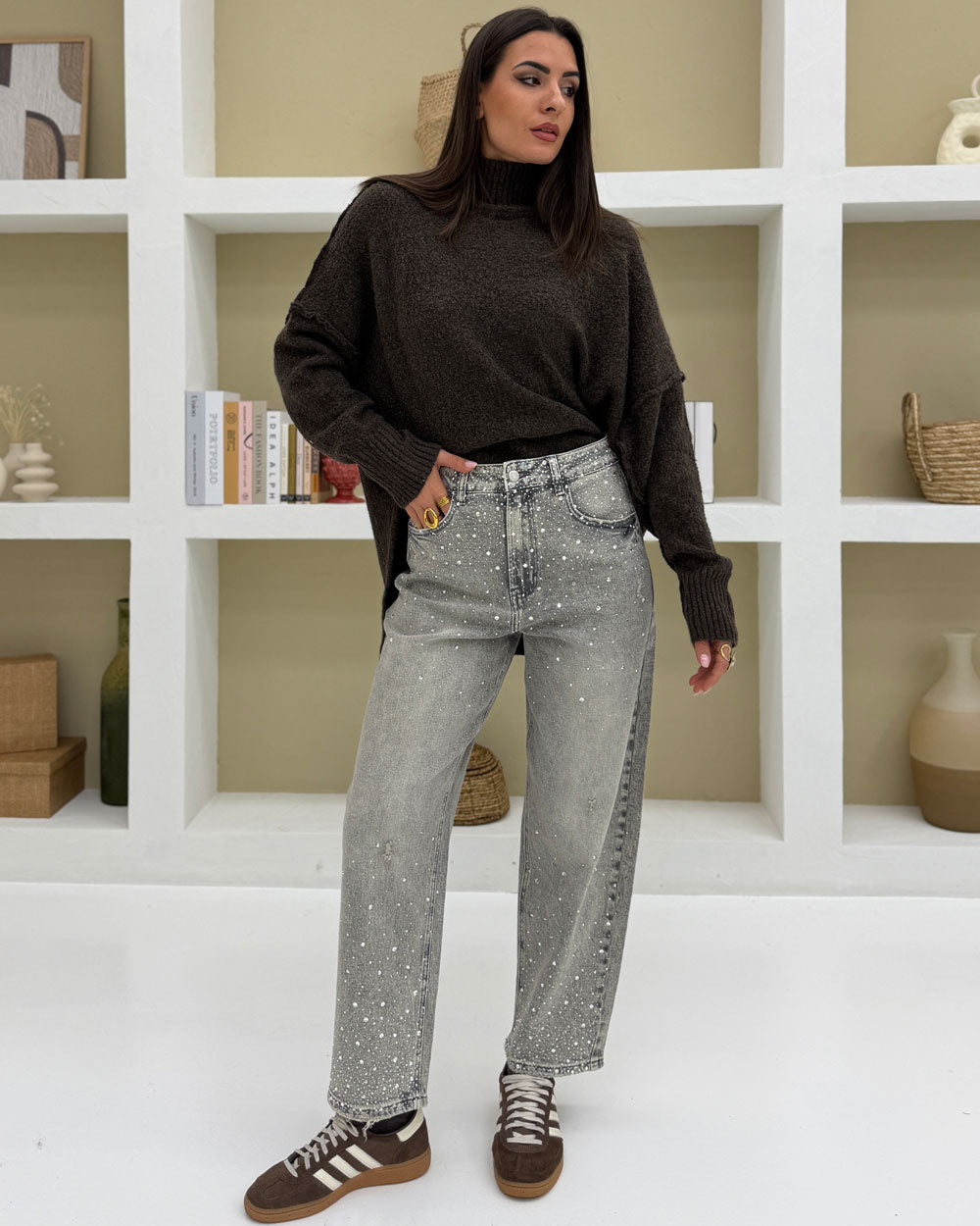 Jeans straight strass H3778 Grigio