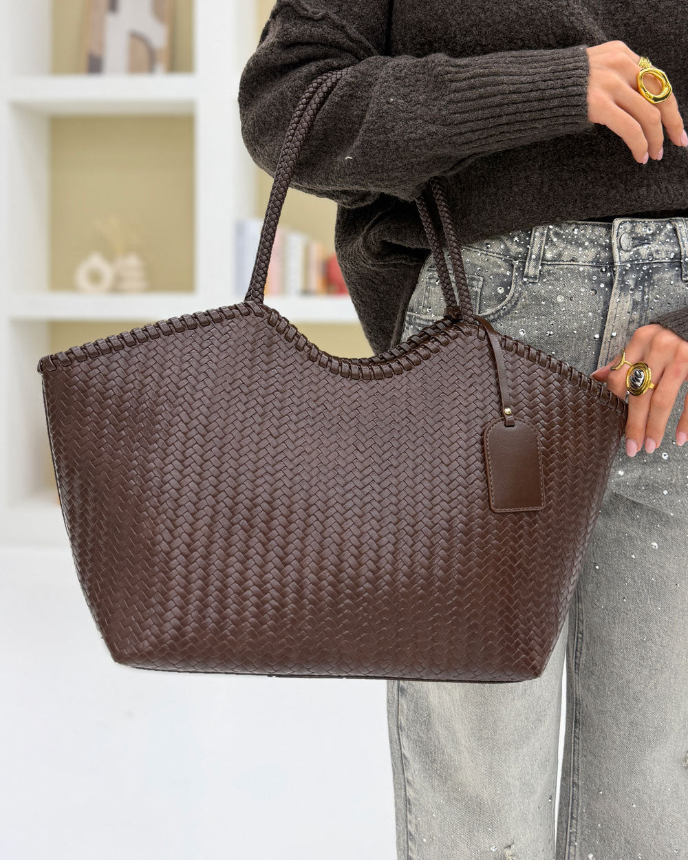 Borsa Shopper intreccio Marrone