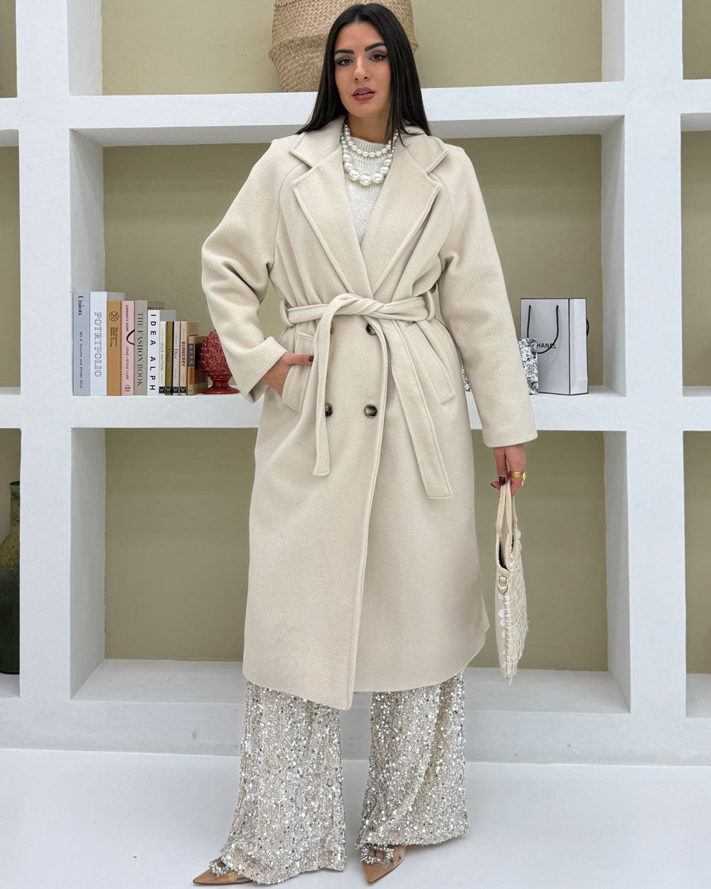 Cappotto revers\cintura Panna