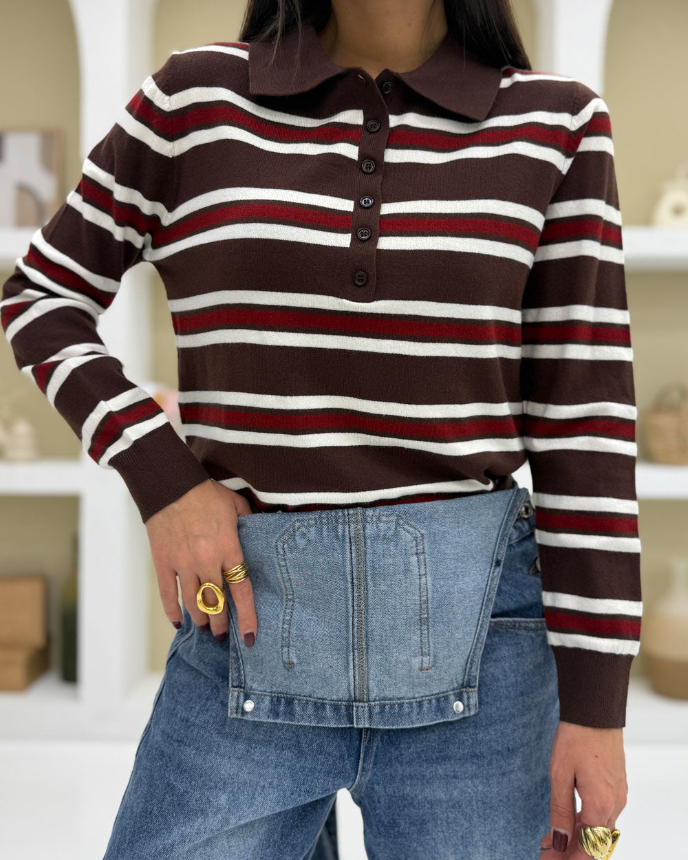 Polo righe Oxford Marrone