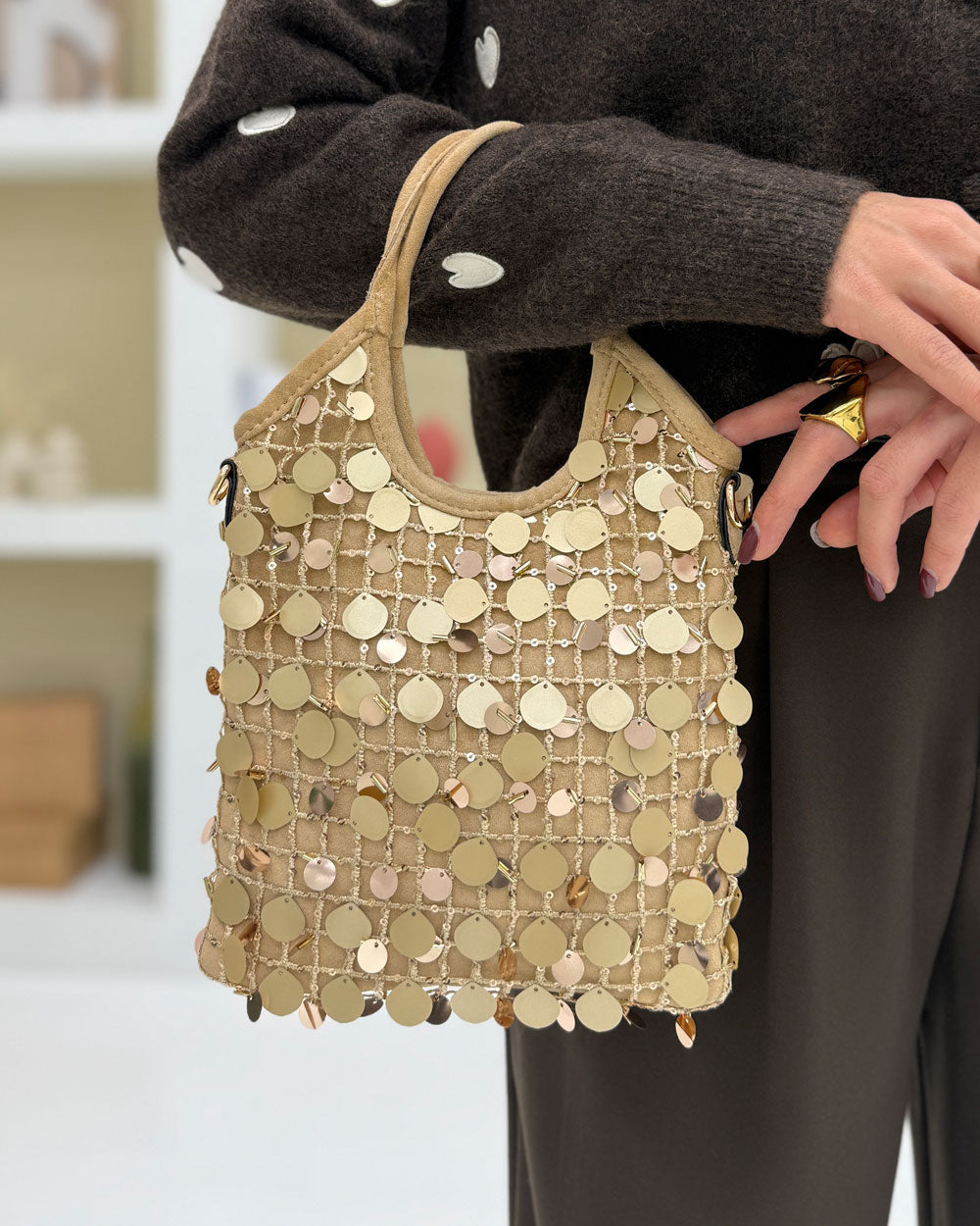 Borsa rete\paillettes Camel