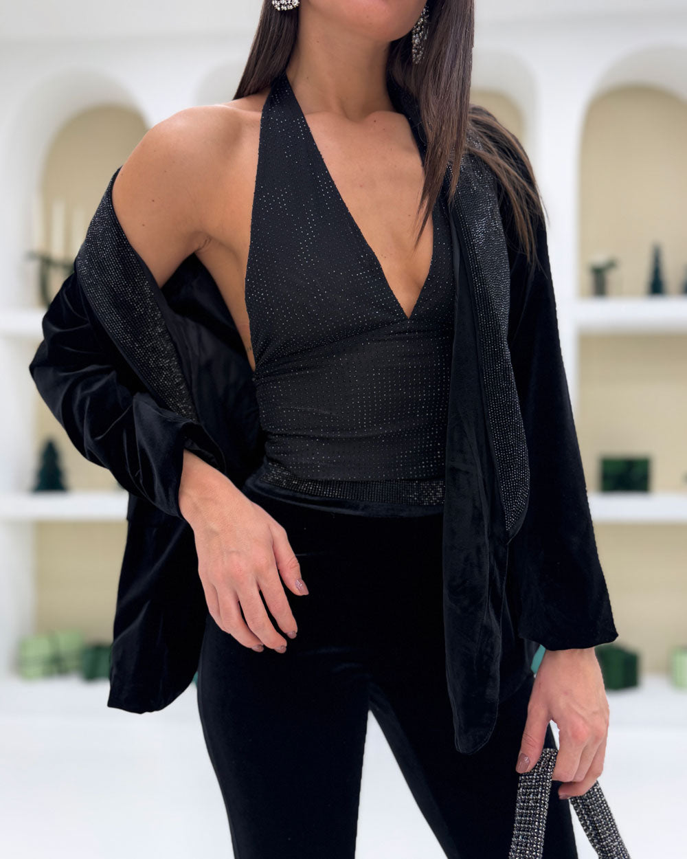 Top semi\strass Nero