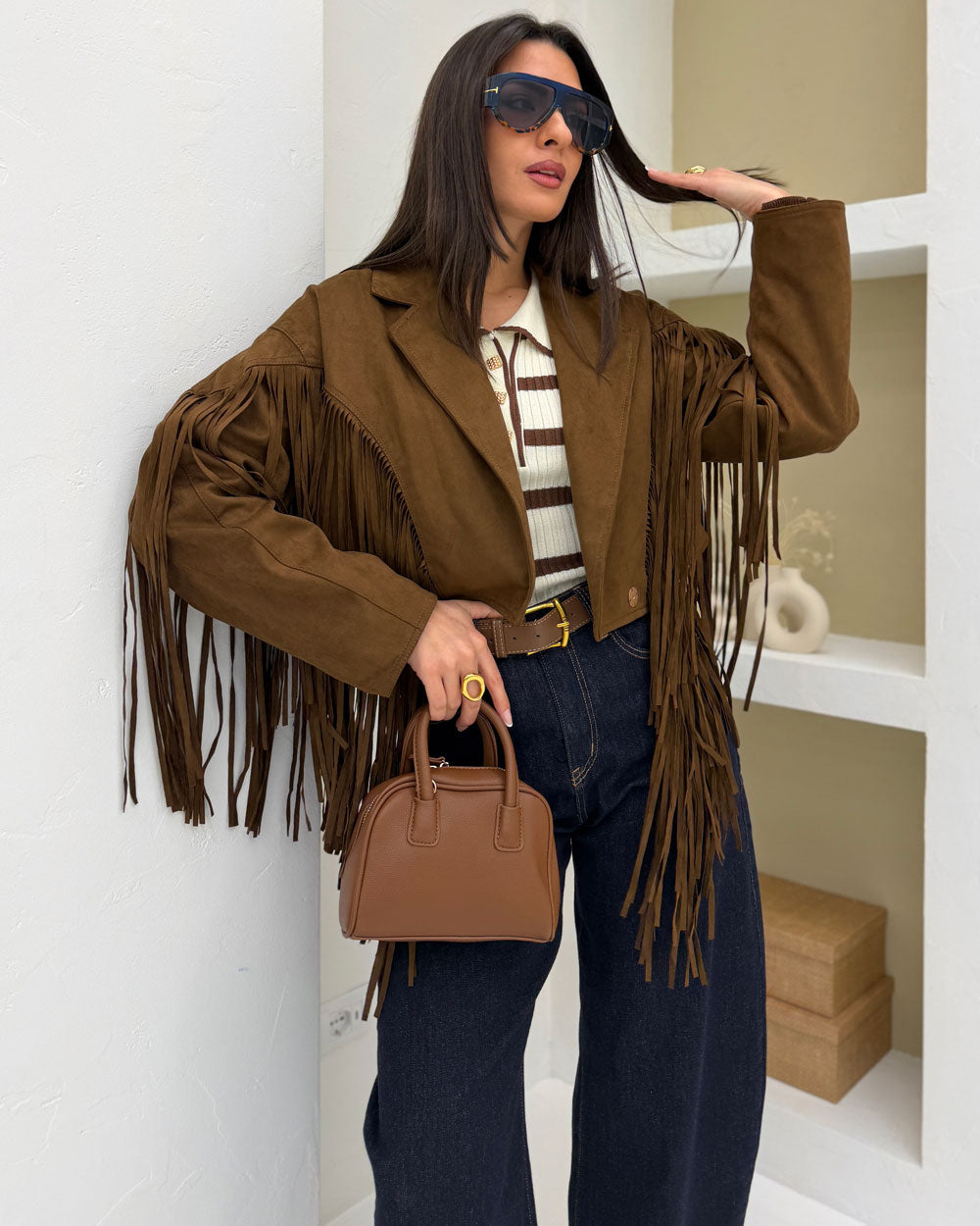 Chiodo Suede Frange Marrone