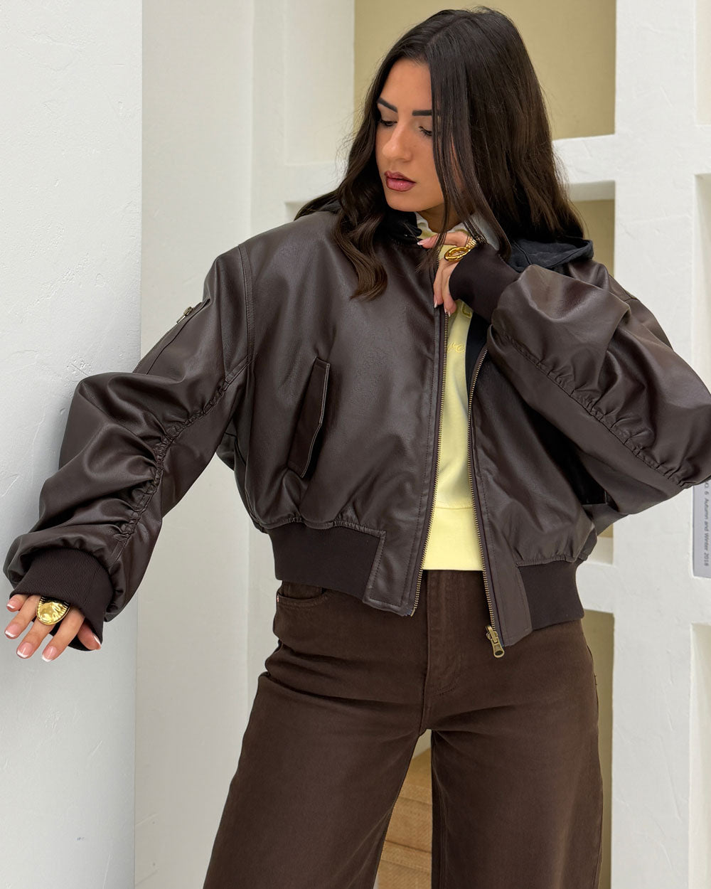 Bomber Ecopelle con cappuccio Marrone