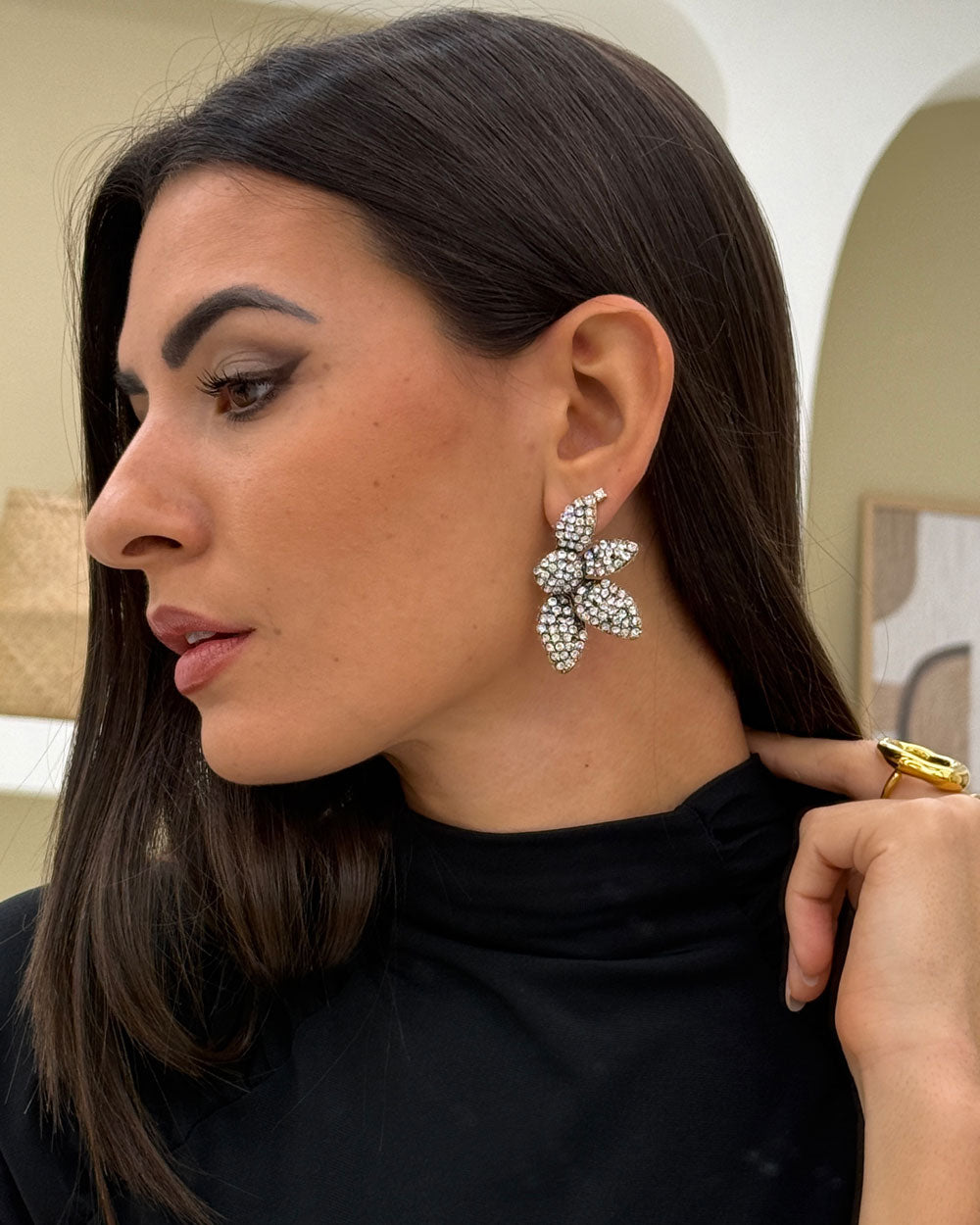 Orecchini Fiore Strass Argento