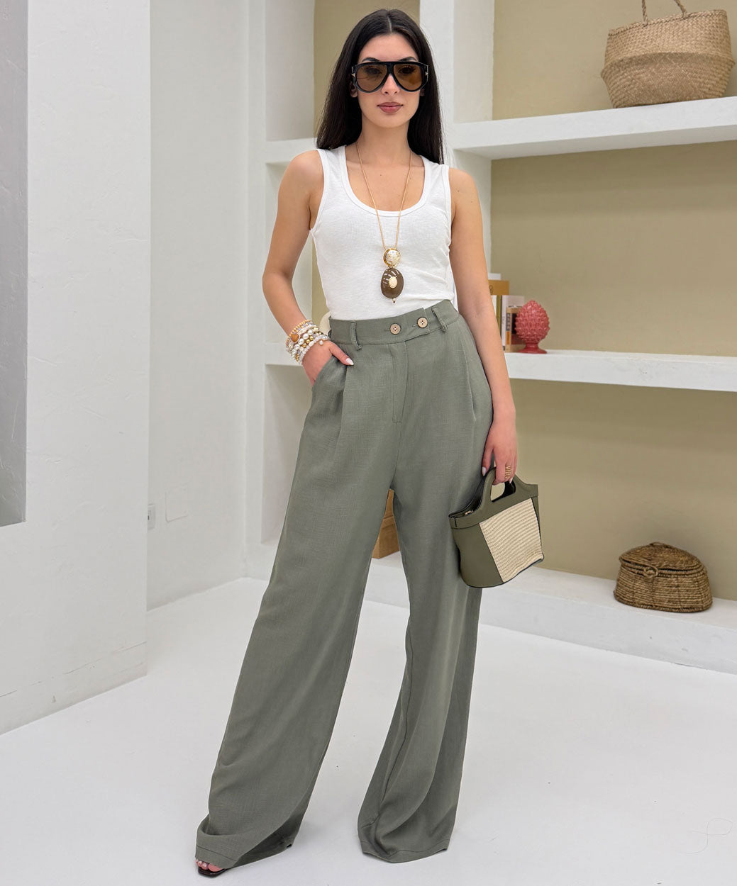 Pantalone eff.Lino TG UNICA Verde