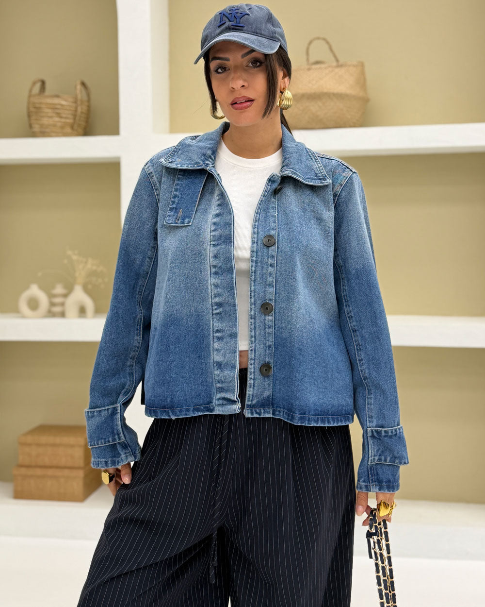Giacca denim Collo Alto Celeste