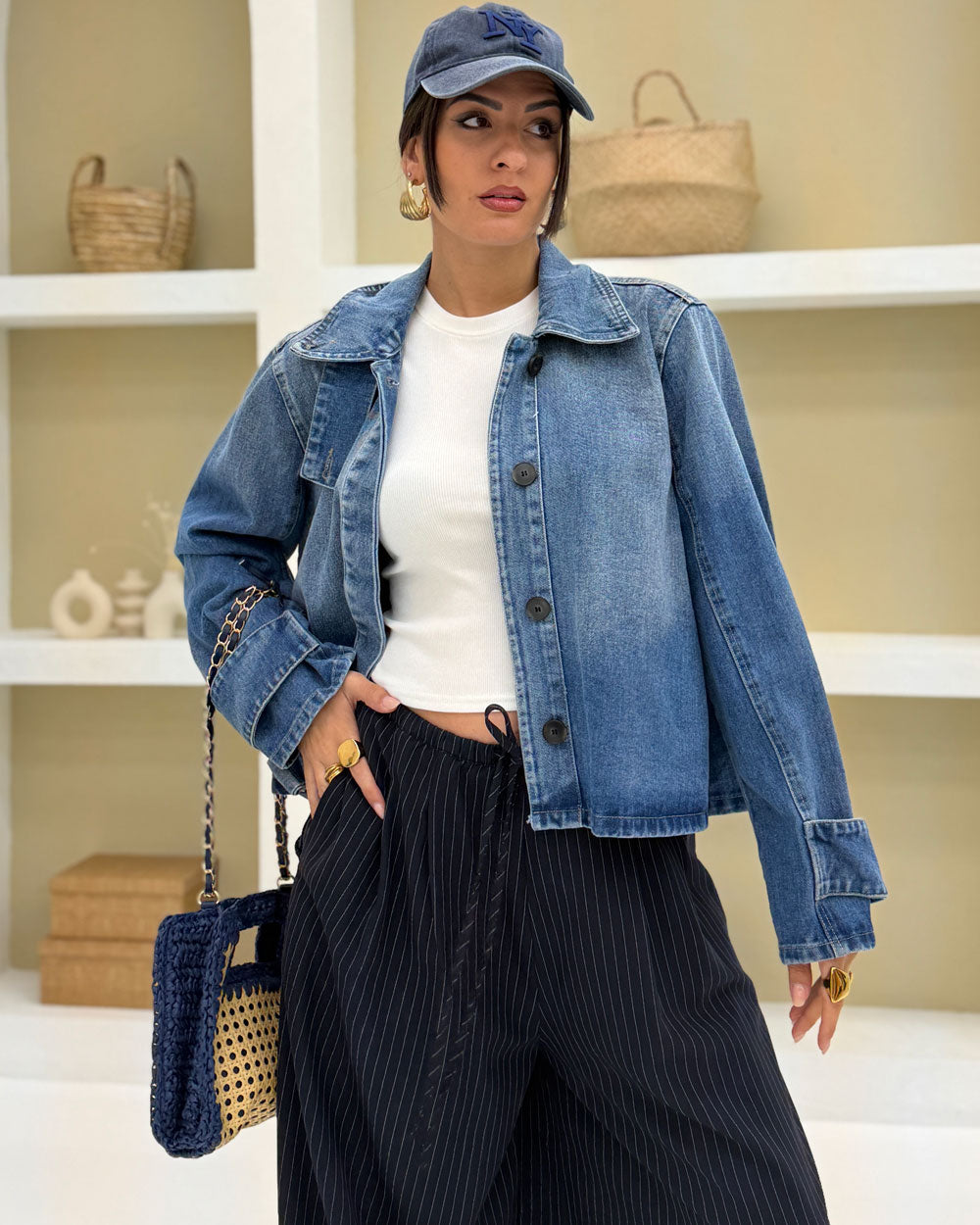 Giacca denim Collo Alto Celeste