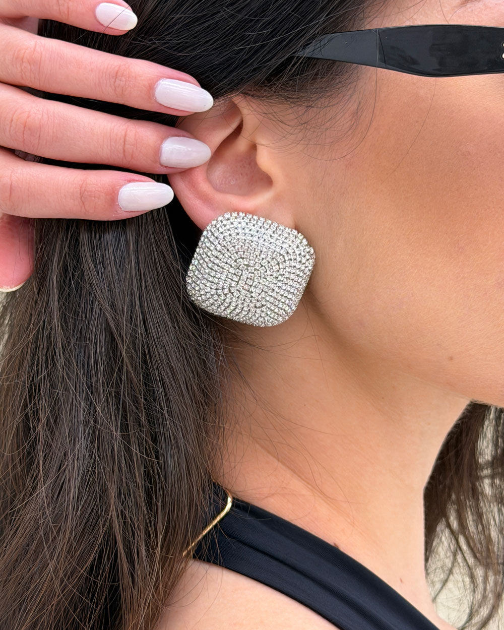 Orecchini Bottone Strass Argento