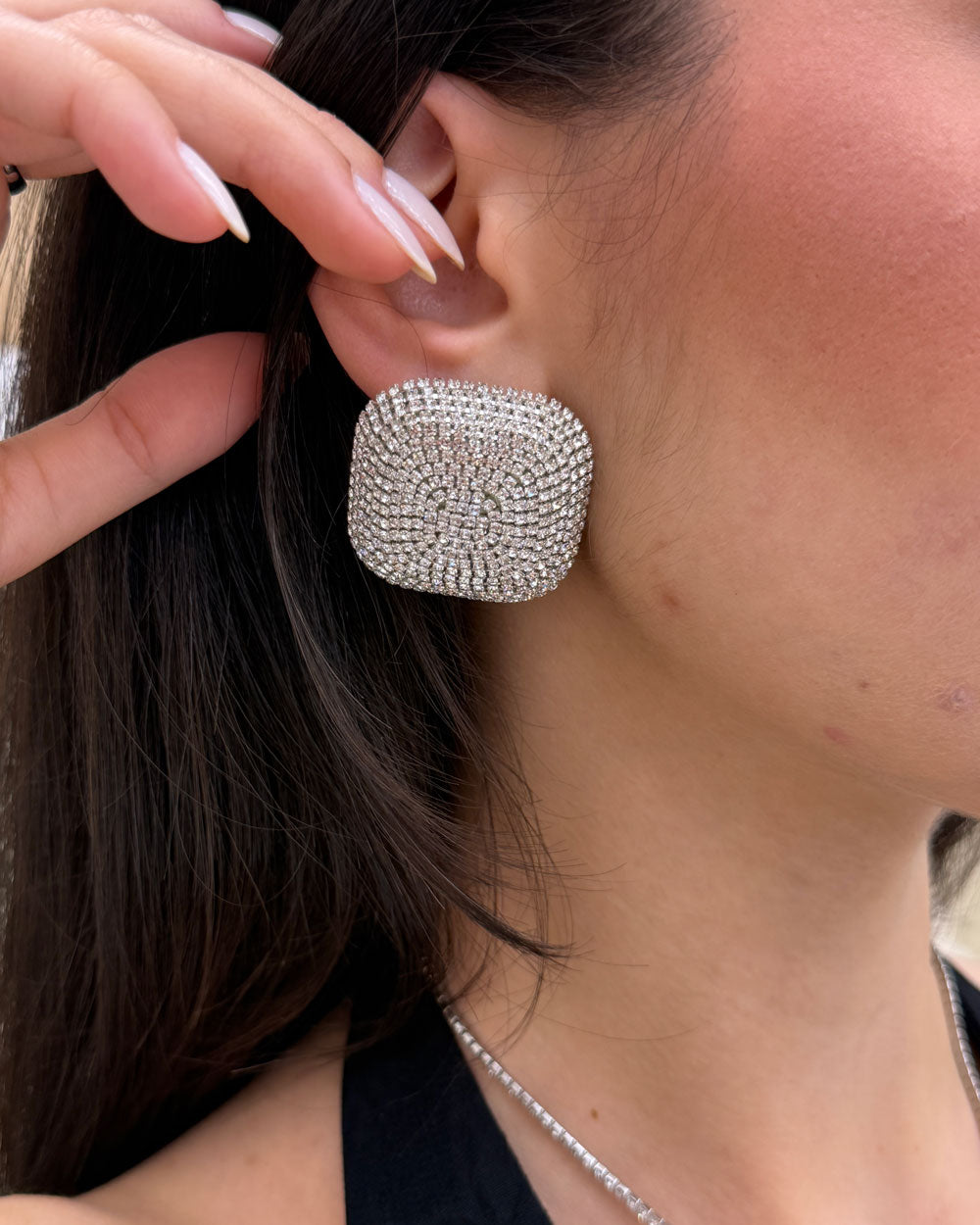 Orecchini Bottone Strass Argento