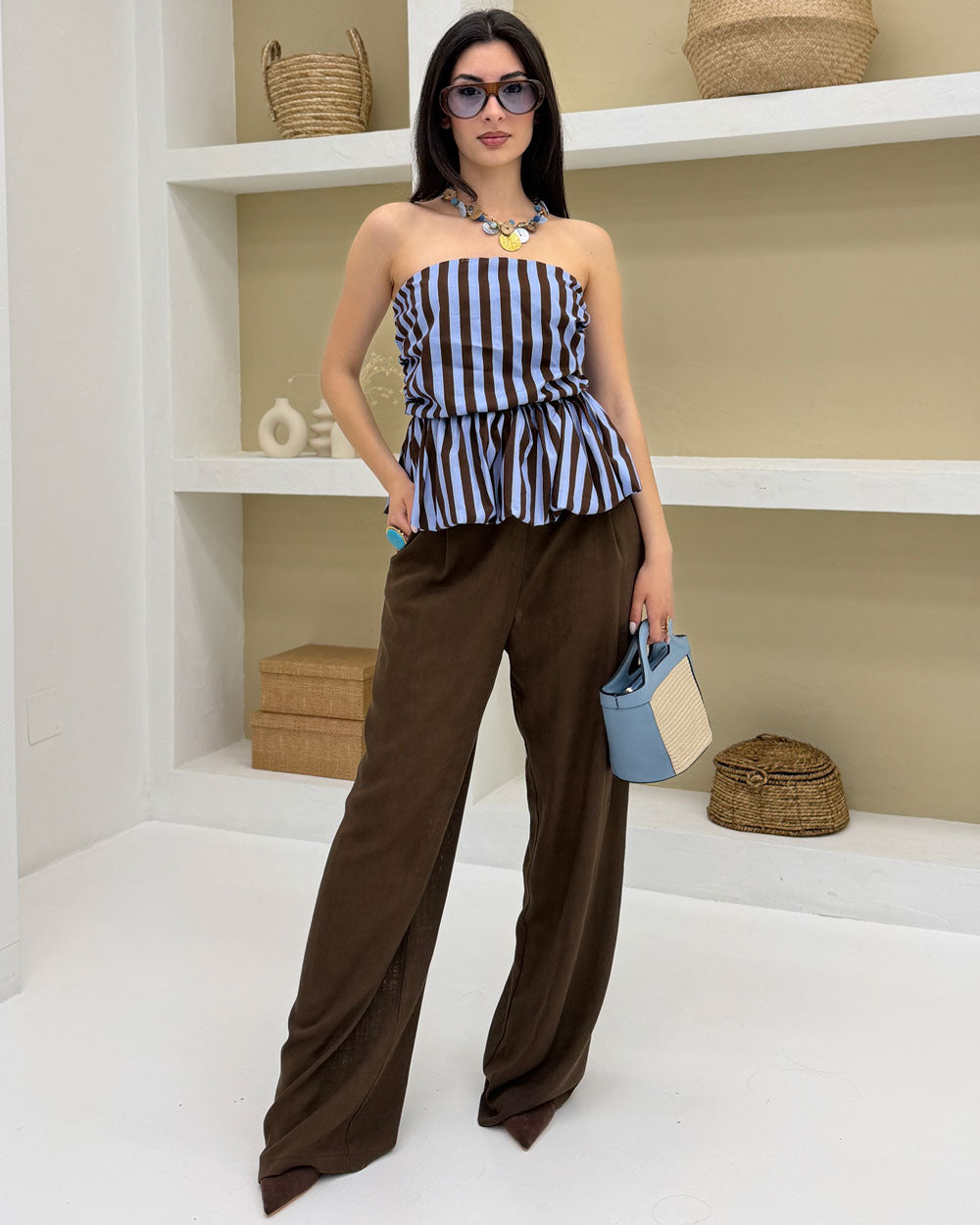 Pantalone eff.Lino TG UNICA Marrone