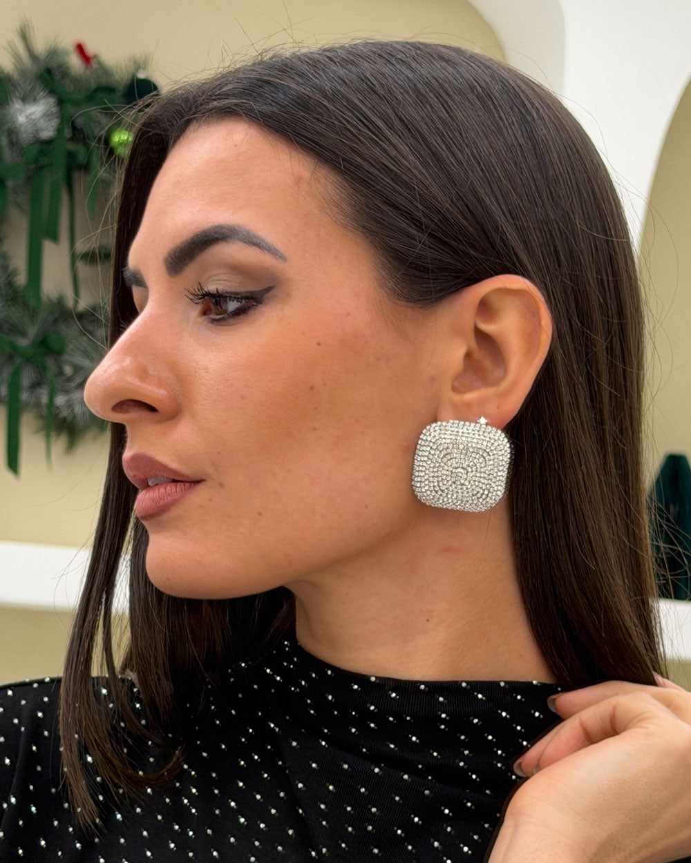 Orecchini Bottone Strass Argento