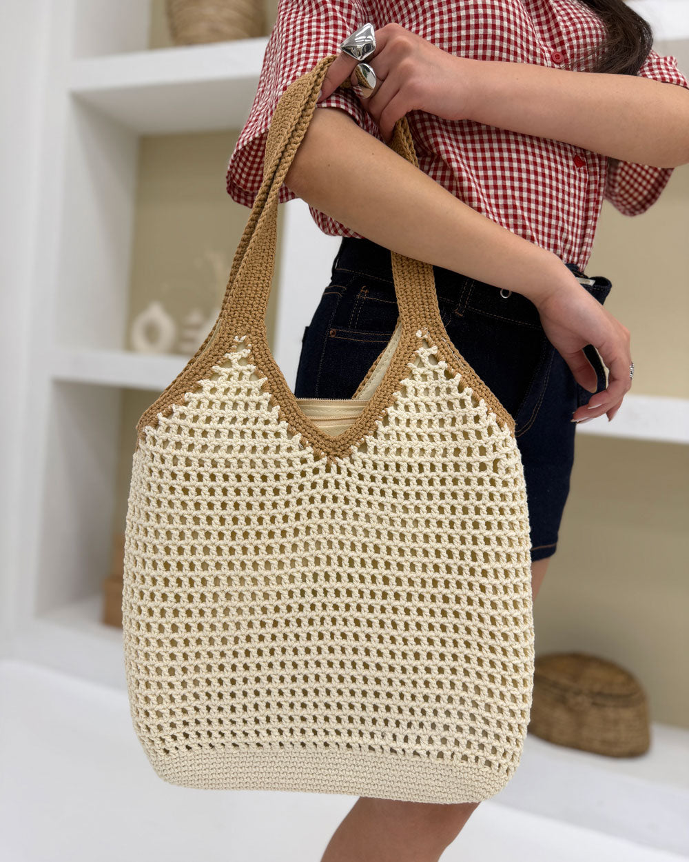 Borsa lavorata tessuto bicolor Beige