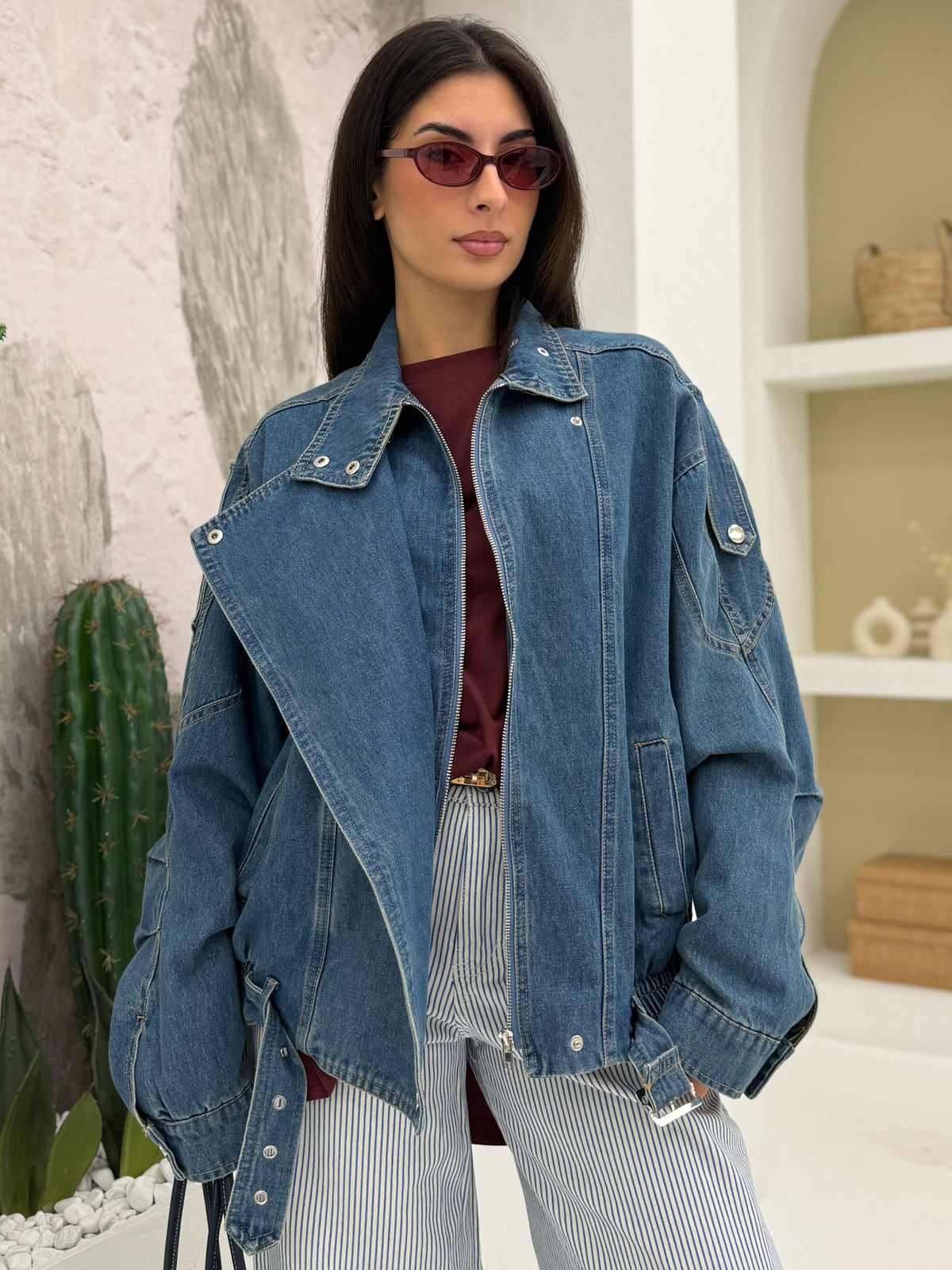 Bomber denim collo alto Blu