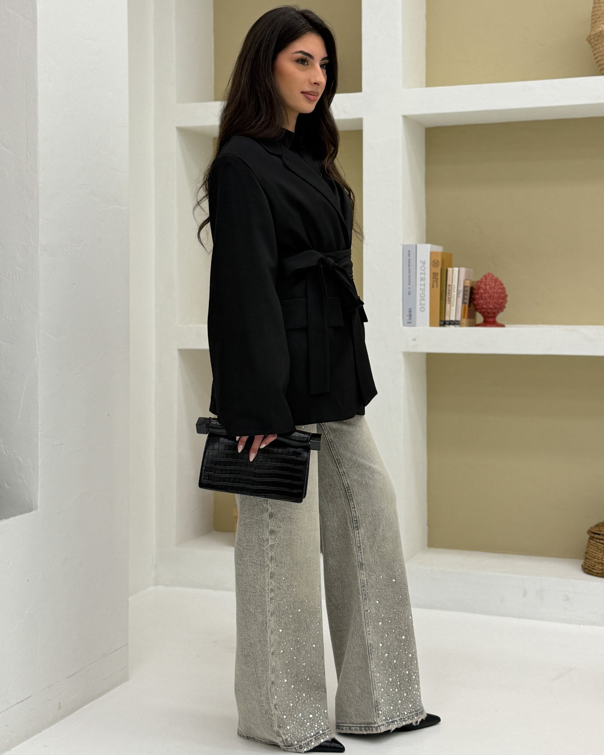 Blazer manica over con cintura Nero