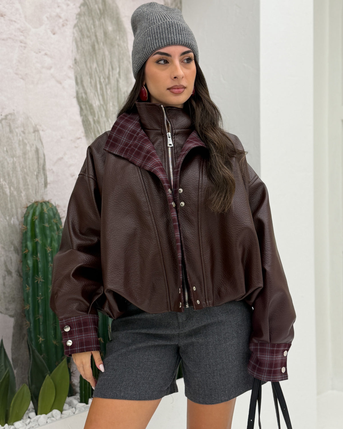 Bomber ecopelle inserti quadri Bordeaux