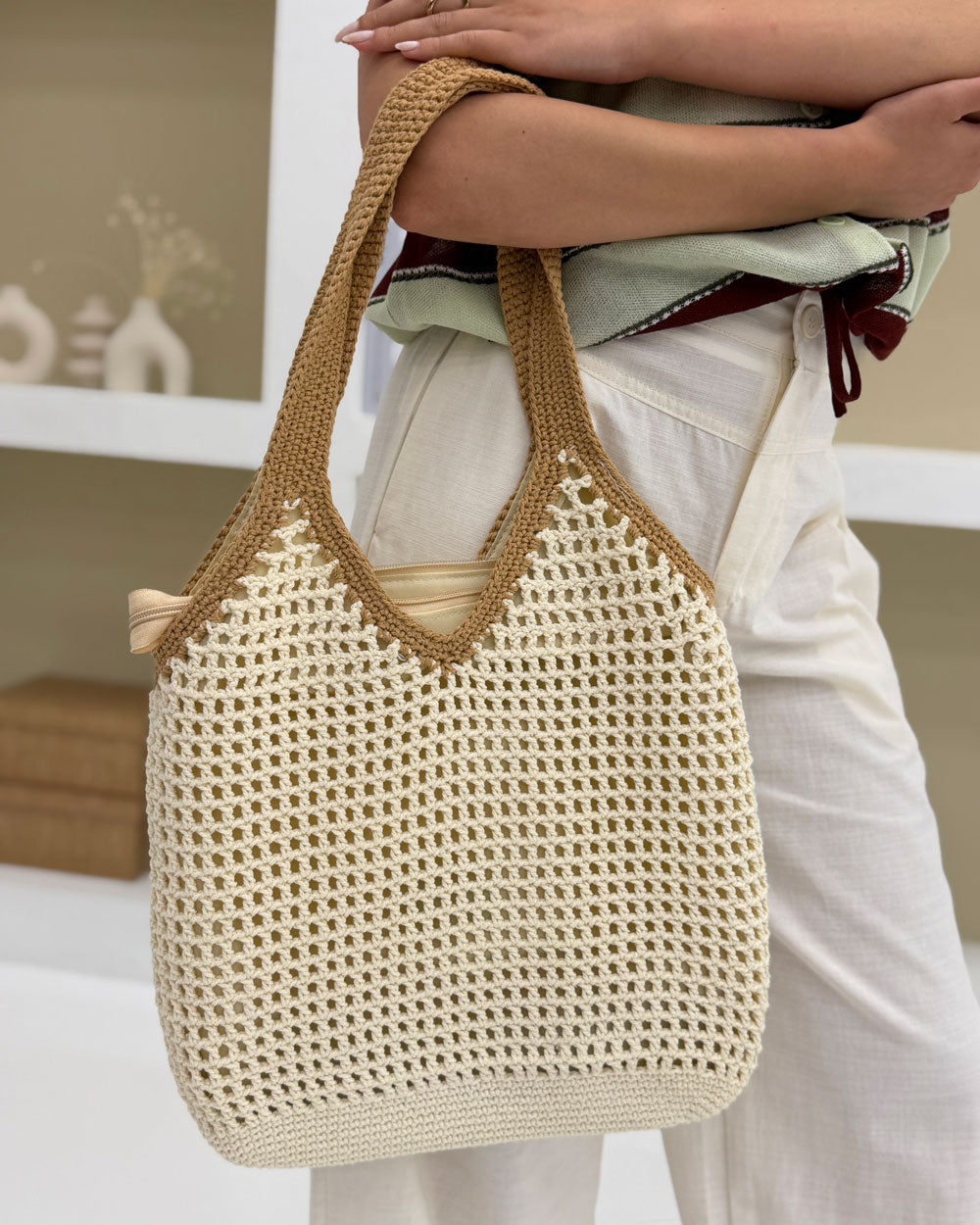 Borsa lavorata tessuto bicolor Beige