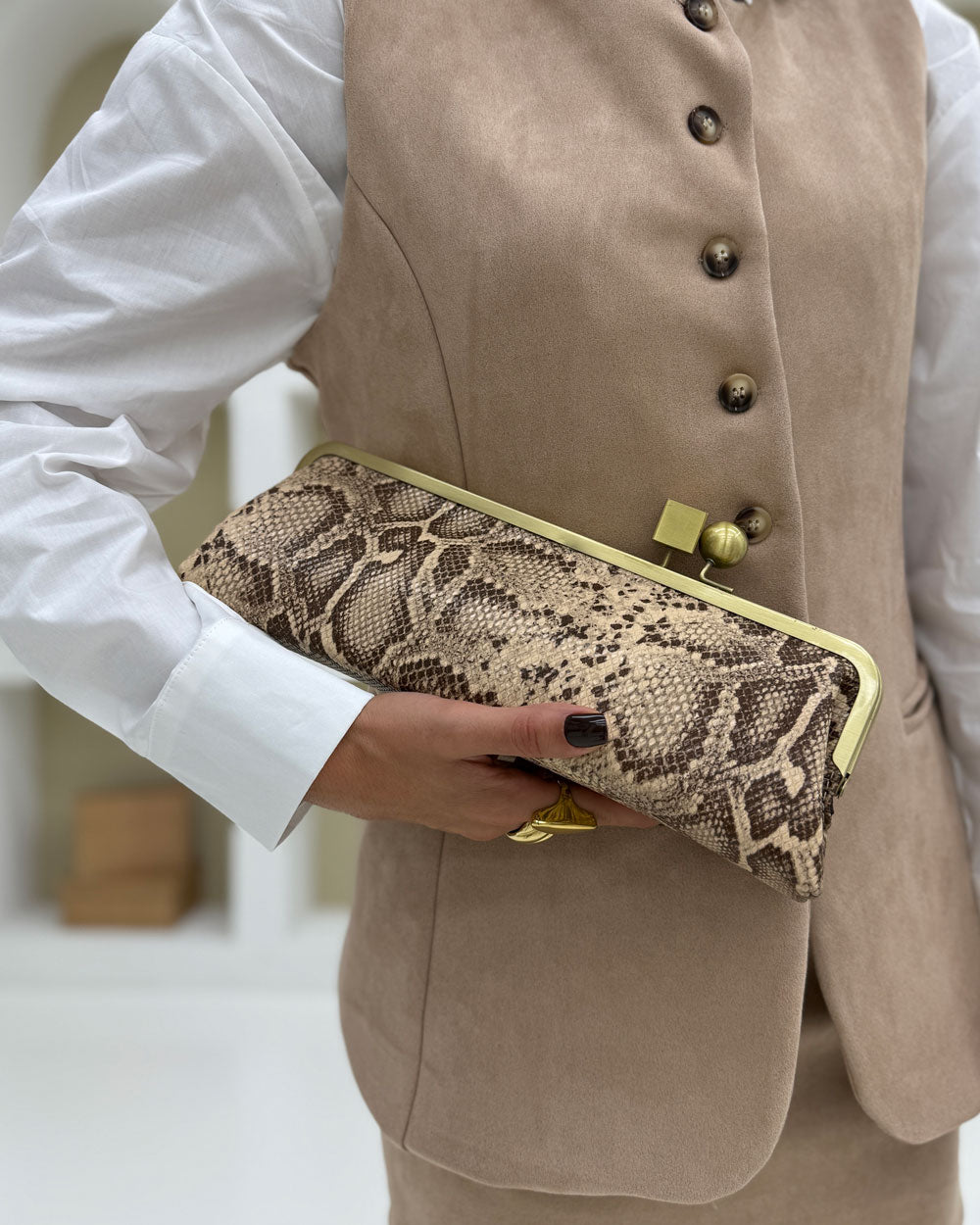 Clutch rettangolo pitone Beige