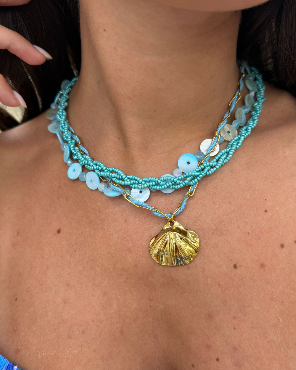 Collana Perline/Bottoni Celeste