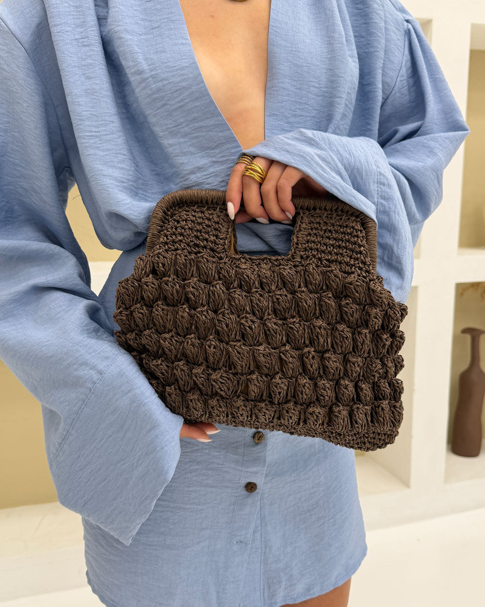 Borsa pouch rafia Marrone