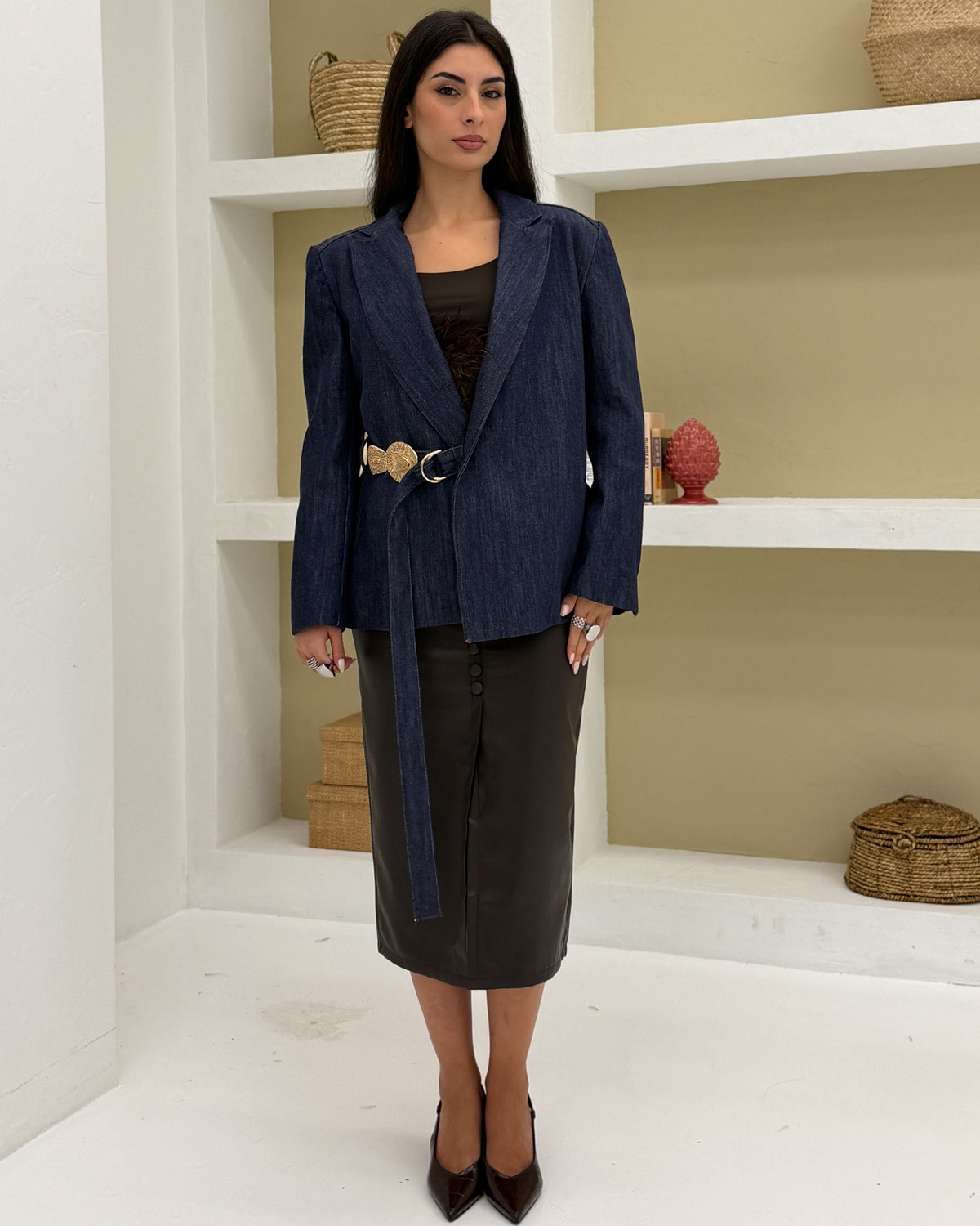 Blazer slim denim cintura Blu