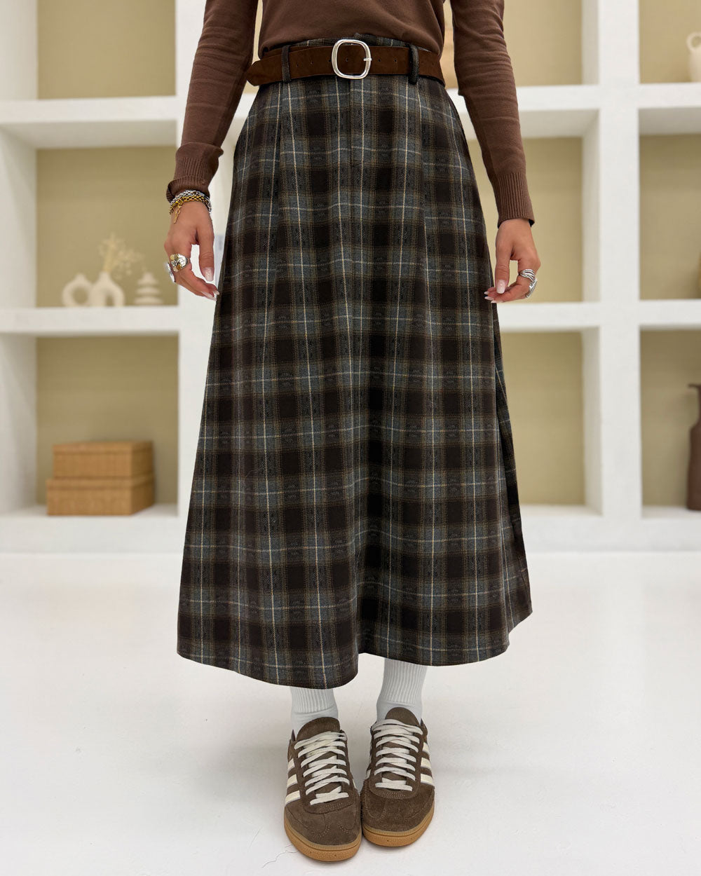 Gonna midi quadri\cintura Marrone