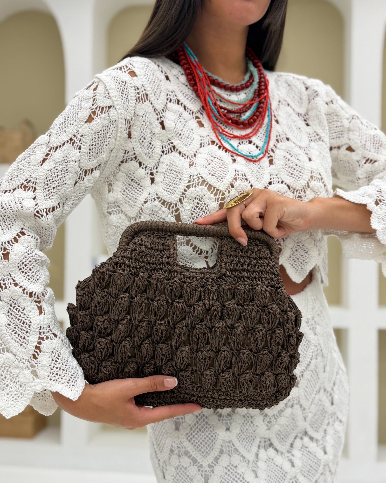 Borsa pouch rafia Marrone
