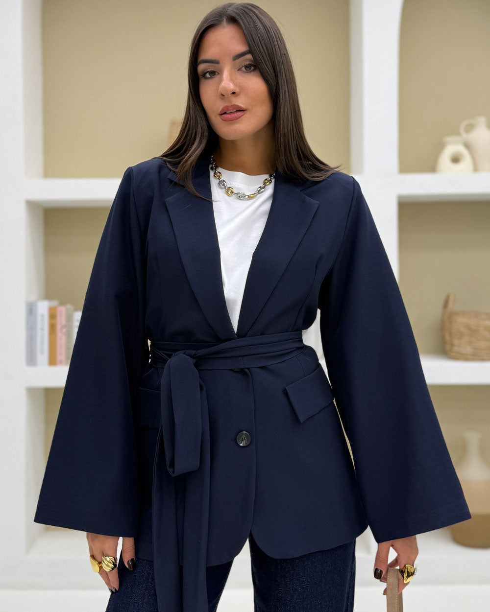Blazer manica over con cintura Blu Notte