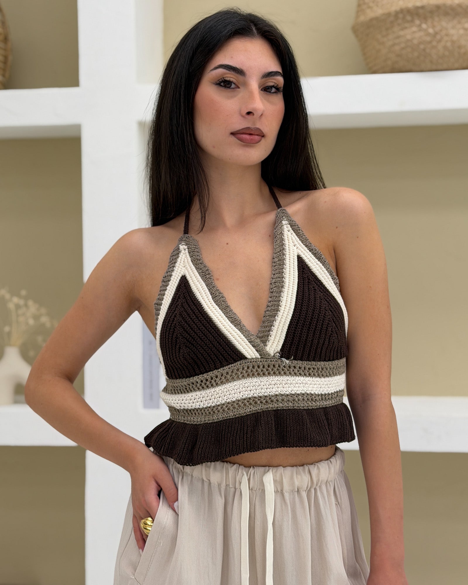 Top Triangolo Crochet Marrone