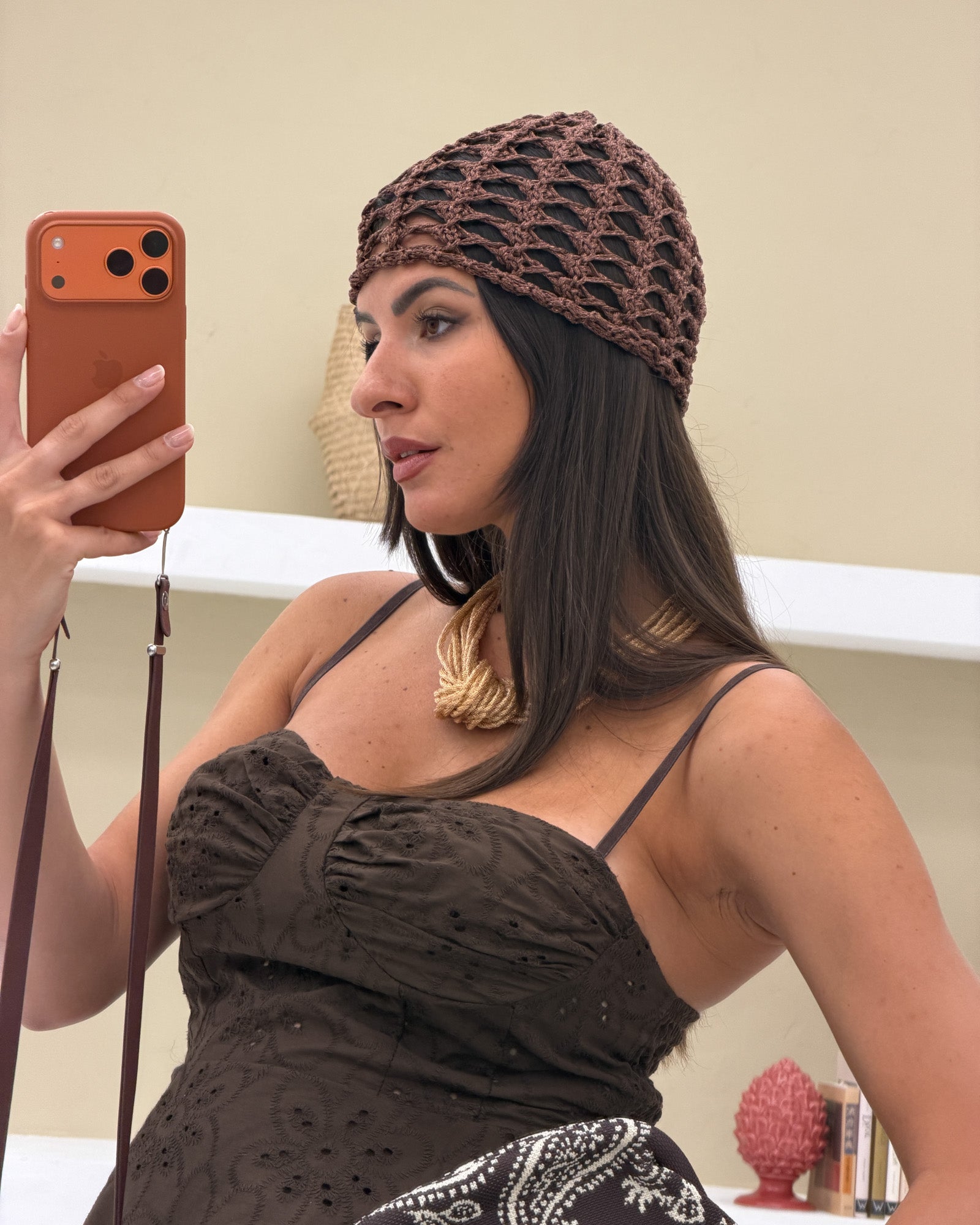 Berretto Casquette Crochet Indi Lurex Marrone