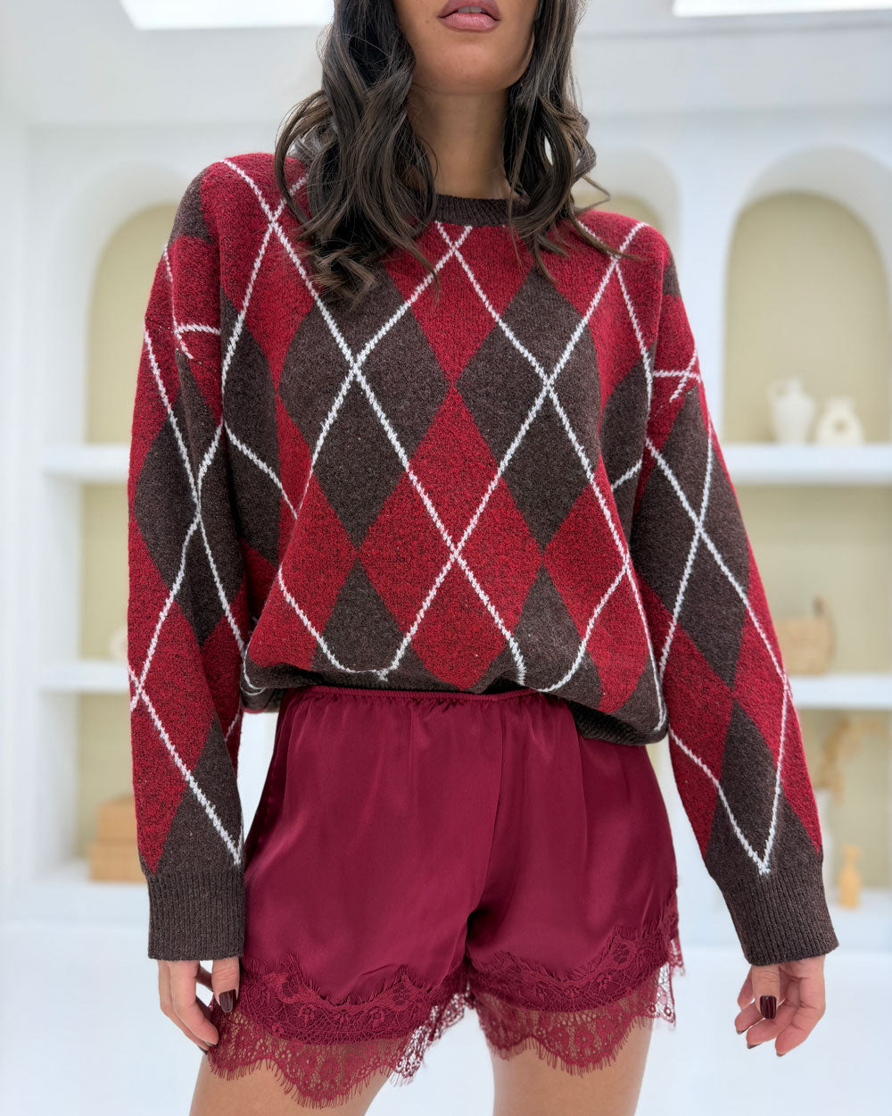 Shorts satin pizzo orlo Bordeaux