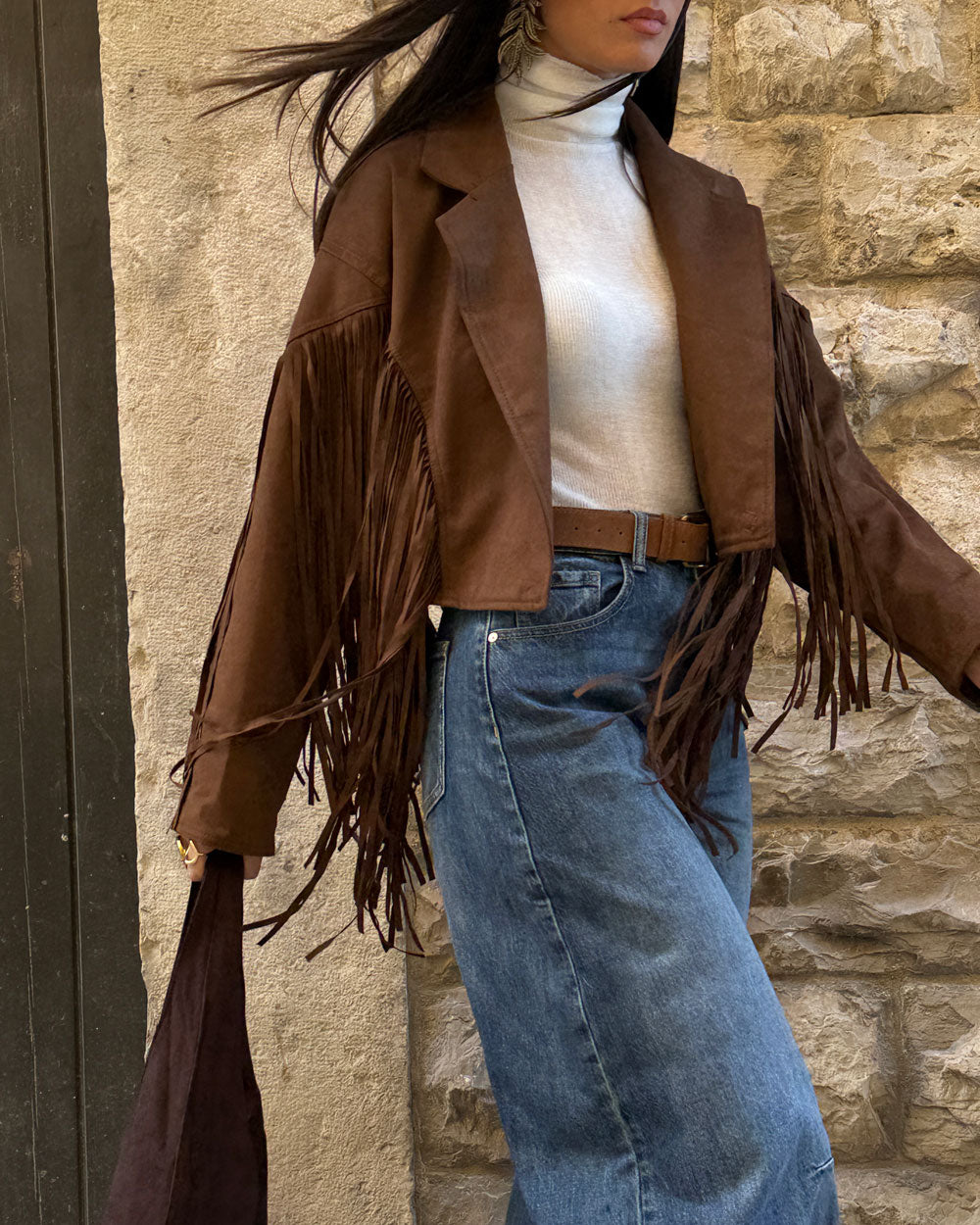 Chiodo Suede Frange Marrone