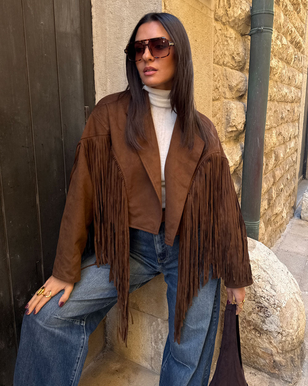 Chiodo Suede Frange Marrone