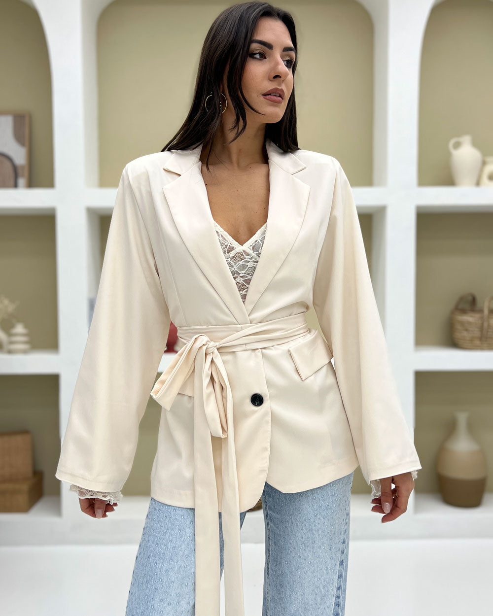 Blazer manica over con cintura Panna