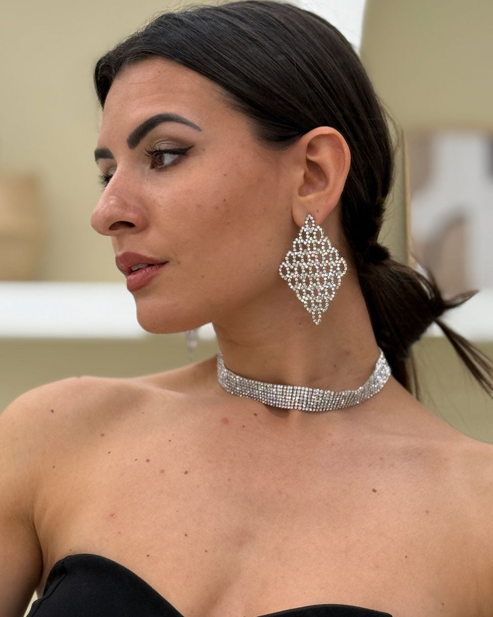Orecchini Griglia strass Argento