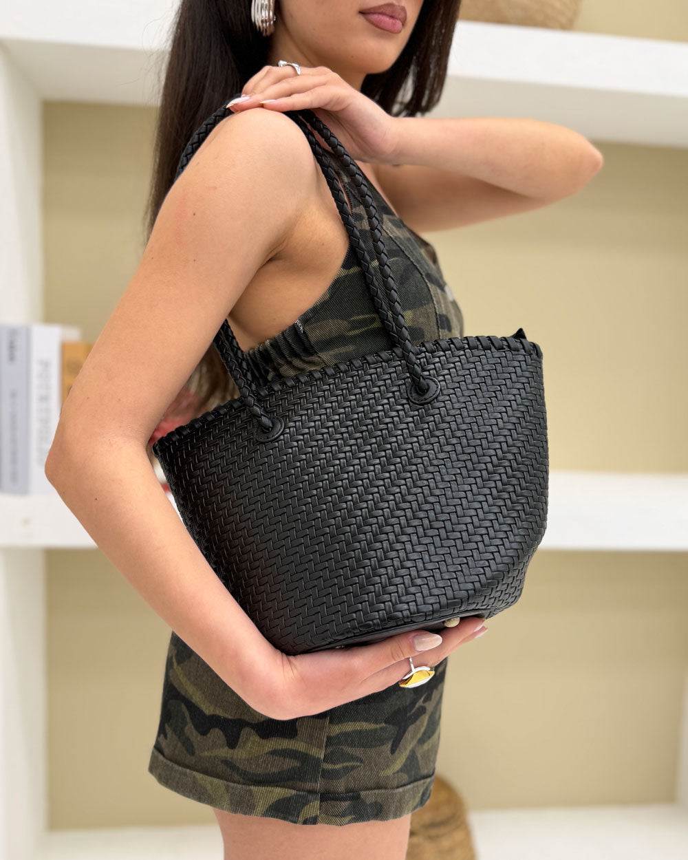 Borsa Cestino Intrecciato Nero