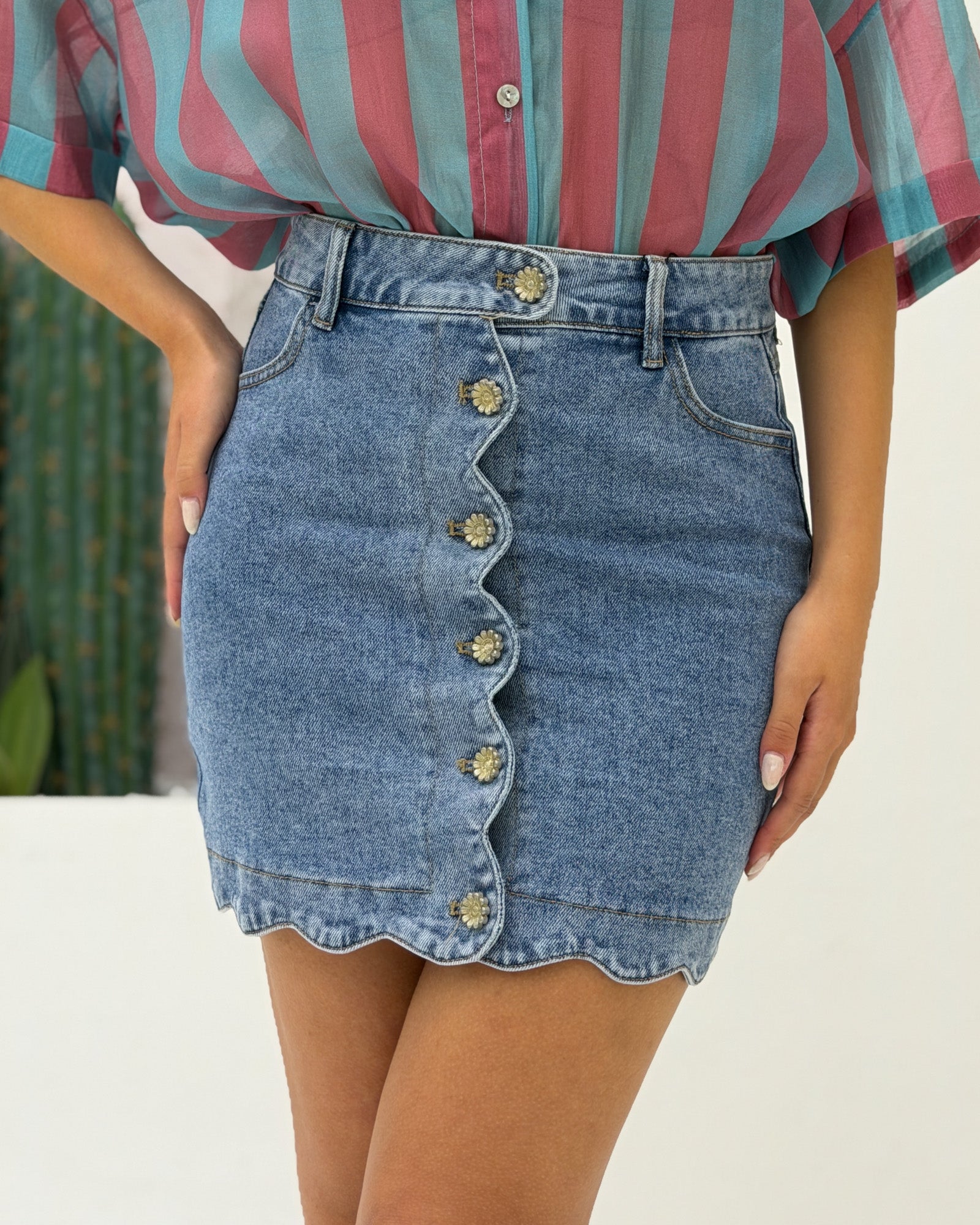 Gonna Jeans Nami Bottoni Celeste