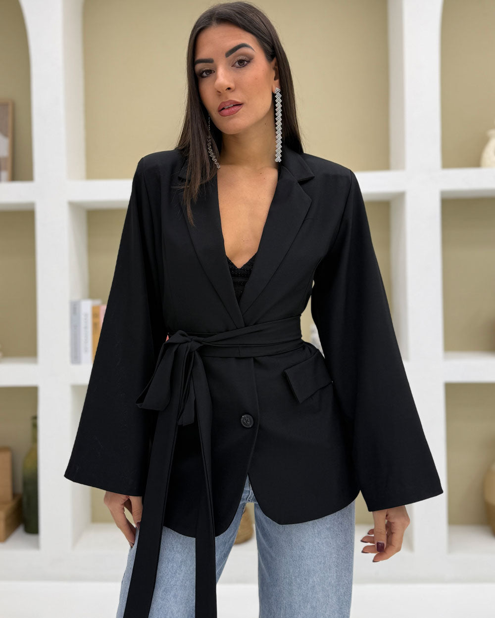 Blazer manica over con cintura Nero
