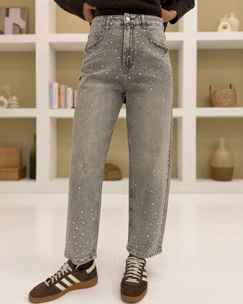 Jeans straight strass H3778 Grigio