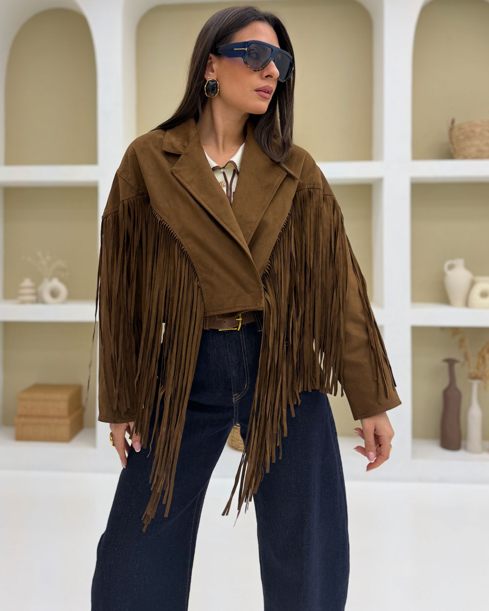 Chiodo Suede Frange Marrone