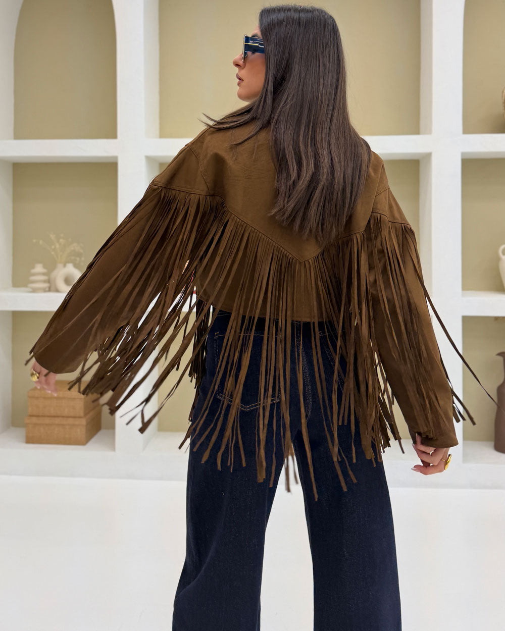 Chiodo Suede Frange Marrone