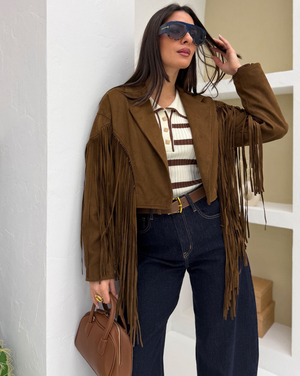 Chiodo Suede Frange Marrone