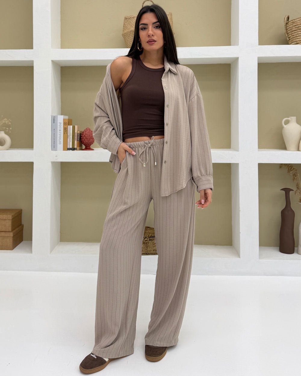 Coordinato righe sottili Beige