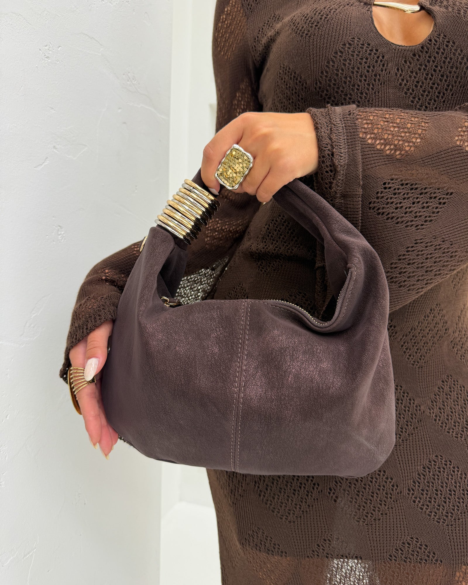 Borsa Mini Camoscio Anelli Marrone