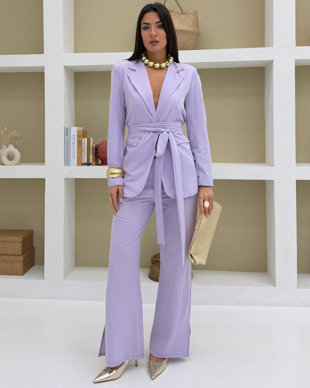 Tailleur gessato Polly con cinta Lilla